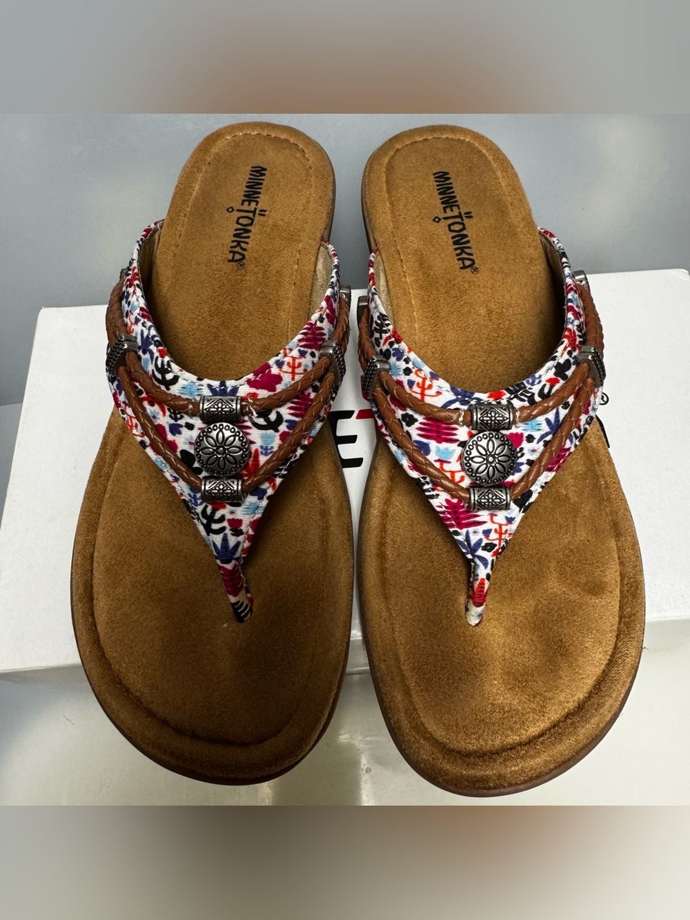 Minnetonka Multicolor Floral Print Thong Sandals with Tan Suede Footbed